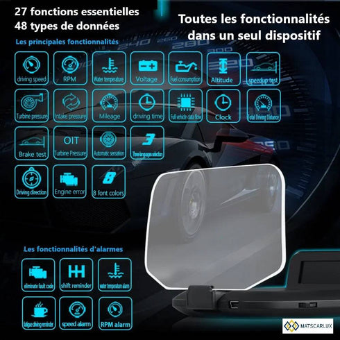 HUD 3D Sans Film OBD2 GPS - Affichage Tête Haute Voiture
